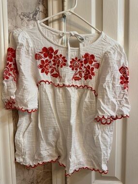 Old Navy White Peasant Blouse with Red Floral Embroidery